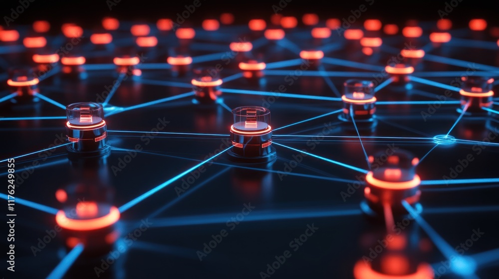 Poster futuristic digital network illustration featuring neon nodes and connections representing advanced t