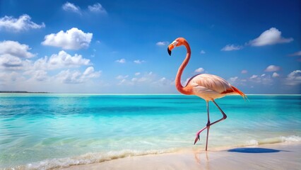 Fototapeta premium A pink flamingo standing alone on a white sandy beach with clear blue waters in the background, pink flamingo, tropical