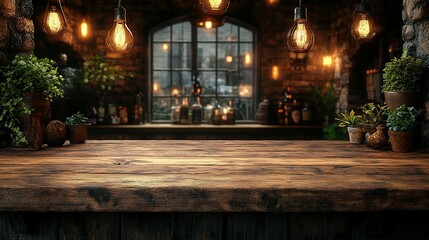 Rustic Wooden Tabletop Against A Blurred Bar Background