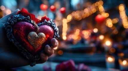This enchanting image features a heart-shaped object surrounded by lights and petals, evoking a romantic ambiance perfect for celebrating love and heartfelt emotions in visual storytelling.