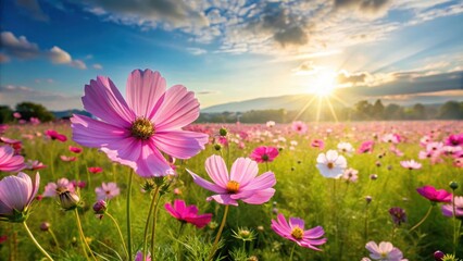 Fototapeta premium Sunlit cosmos flowers in a vast open field with gentle breeze, green grass, blooming flowers