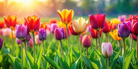 A vibrant cluster of spring tulips standing tall and upright in a lush green field on a sunny day, blooming, nature