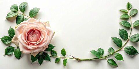 Fototapeta premium A delicate rose flower with dark green leaves and stems set against a soft white background, creating a beautiful and elegant frame