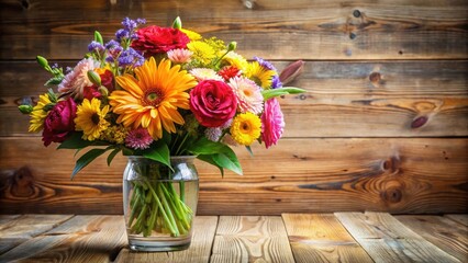 A colorful arrangement of flowers in a vase on a wooden table, beautiful, bouquet