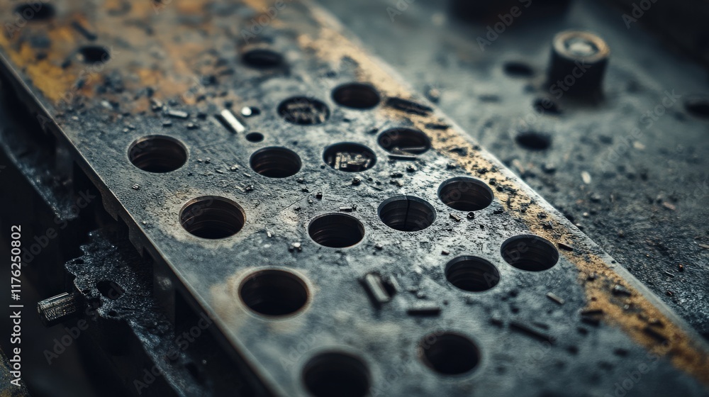 Poster a close-up view of an abandoned industrial workbench with a weathered surface, showing holes and met