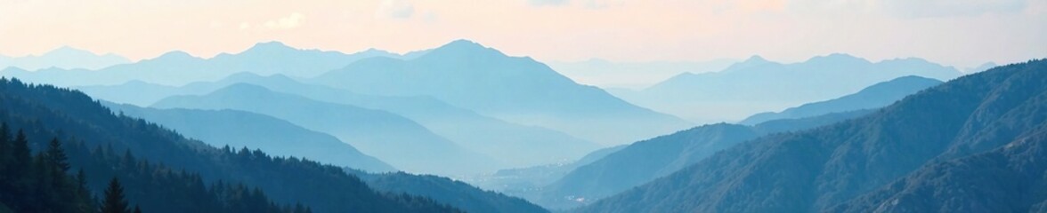 A serene and peaceful landscape with misty mountains in the background, mountains, foggy