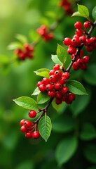 Obraz premium Branch covered in bright red autumn berries against a lush green background, green trees, branches with berries,