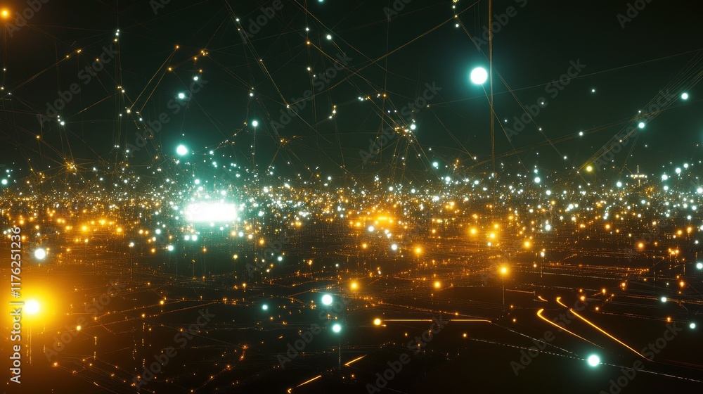 Poster abstract illustration of glowing particles and interconnected lines in a cosmic space, representing 