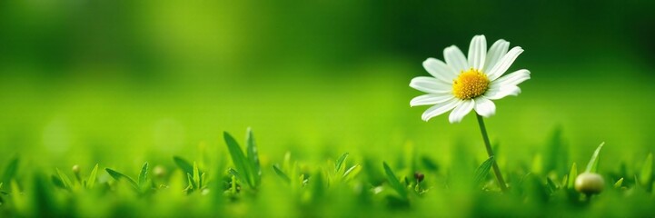 Obraz premium A single bright daisy on a patch of emerald green, green, meadow