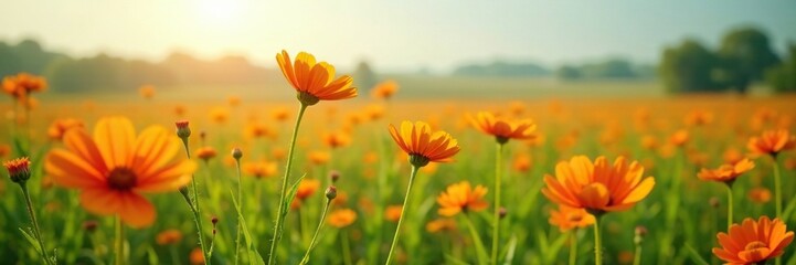 Field of orange hawkweed flowers swaying gently, field, wind, wildflower