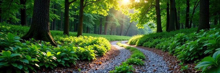 Obraz premium Gravel and pebble cobblestone road winding through dense forest, gravel, cobblestone