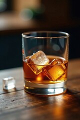 Whisky glass on a wooden table with ice in the background, natural, texture, background