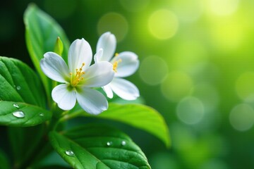 Obraz premium Delicate Adenophora blooms with dew drops on pale green leaves, botanicals, greenery, nature