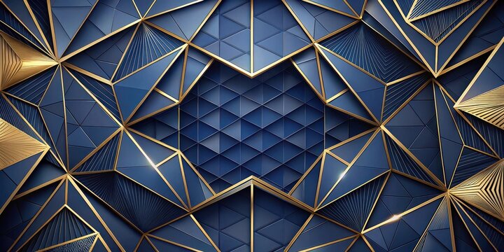 Intricate polygonal patterns in luxury dark blue hues with gold accents creating a sense of opulence and sophistication