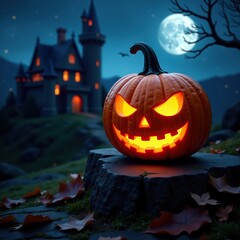 Pumpkin carved into a jack-o-lantern on a castle wall, castle, glowing