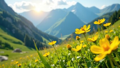 Fototapeta premium Soft petals of yellow wildflowers swaying in the mountain breeze, sunlit, landscape, nature