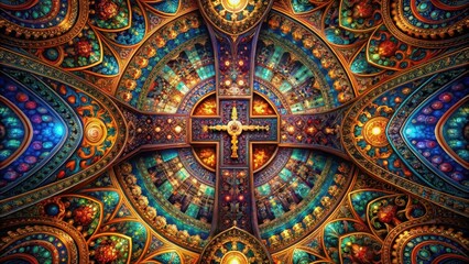 Obraz premium A abstract cross made from intricate patterns and shapes fills a church interior with spiritual energy and mystique, interior, sacred space