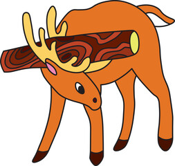 the deer stands with its head bowed and carries a small log on its antlers