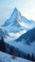 Foggy cloudy conditions in the valley of a snow-capped mountain peak, fog, landscape, winter weather
