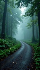 Obraz premium Misty forest road veers left through dense foliage, wet surface, rainy weather, overgrown vegetation