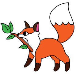 A red fox with a large fluffy tail holds a branch with green leaves in its teeth