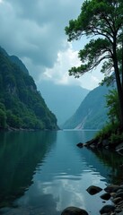 Rain-soaked clouds dominate a tranquil coastal river scene with tall trees, tree, peaceful