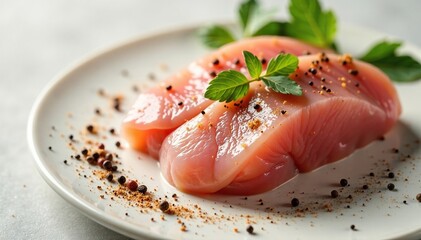Raw chicken breast with a sprinkle of salt and pepper around it, garnish, , cooking