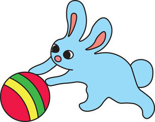 cute little bunny pushing a big round striped ball with its front paws