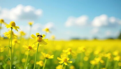 Fototapeta premium Vibration yellow field with delicate rapeseed flowers blooming, flowers, bees, yellow