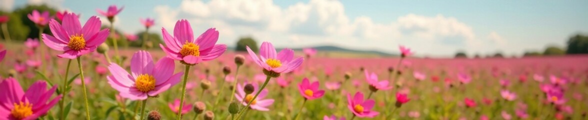 Wild sainfoin flowers in pink grassland with yellow centers, landscape, pink wildflowers