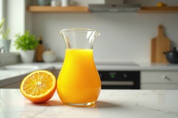 Freshly squeezed orange juice in a clear glass pitcher, juice, glass, kitchen