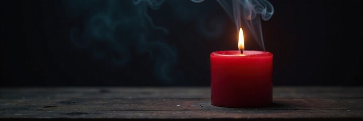 Dark smoke rises from a red candle on a wooden table, quiet, evening