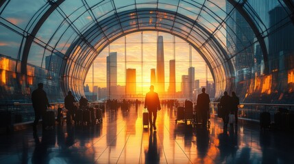 Sunset Silhouette of Travelers in Modern Airport Terminal Interior