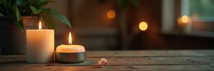 White wax candle on wooden table with gentle flame, inviting, calm