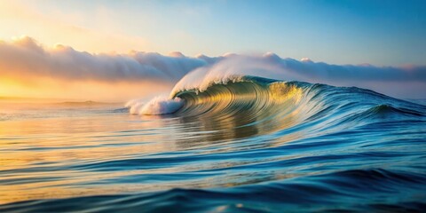 Gentle ocean wave with morning fog rolling in slowly , sea ripple water