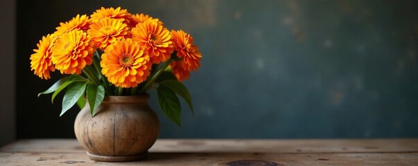 Obraz premium Orange marigold flowers in a rustic wooden vase, bouquet, flowers,