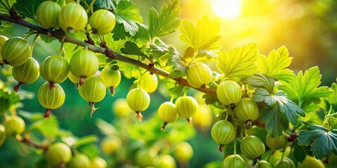 Lush Green European Gooseberry Bush, Ripe Berries, Summer Landscape