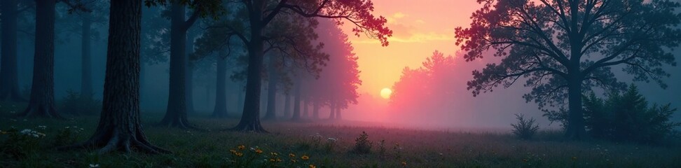 Serene forest at dusk with tall trees and misty atmosphere, nature, mist