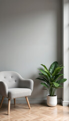 Minimalist living room with gray chair and green plant.Simplicity, modern elegance, and natural harmony.Interior design banner for furniture catalogs or lifestyle blogs
