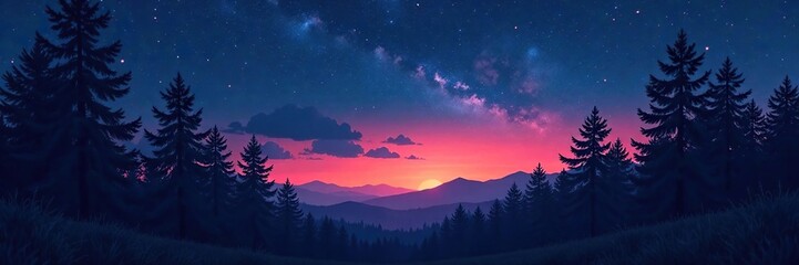 A darkening forest with starry night sky above twilight, shadows, sky, twilight