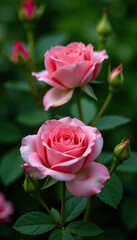 Delicate pink rose blooms in a lush garden greenery, garden, gardening