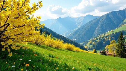 Obraz premium Forsythia bushes in full bloom against a backdrop of rolling mountains, springtime scenery, greenery, flowers in abundance
