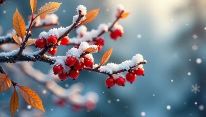 Snowy tree branches with golden tea leaves and crimson berries, snowflakes, warm tea