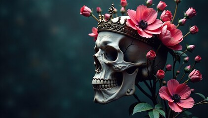 Fototapeta premium Dark blooming flowers entwine a crowned skull, eerie, death