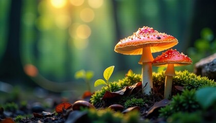 Softly glowing mushrooms in a forest clearing, natural, organic, mushrooms
