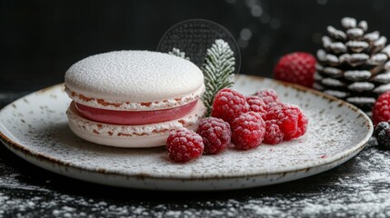 Raspberry Macaron Dessert with Powdered Sugar and Pine Cone