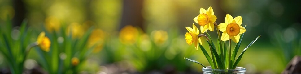 Fototapeta premium Narcissus stems rising from a small glass pot in the garden, garden, nature