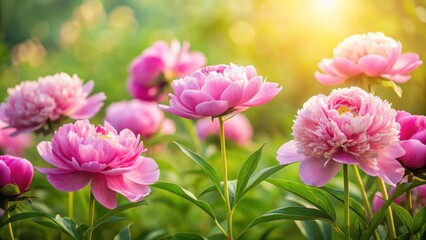 Obraz premium delicate pink peonies blooming in a lush green meadow, floral, outdoor, floral, outdoor, blossoms