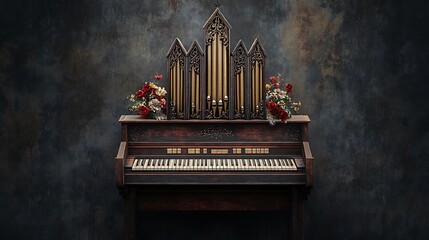 Antique Piano with Gothic Organ Pipes: Dark Dramatic Studio Photograph AI Generated