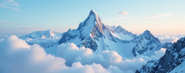 Snow-capped mountains pierce through cloudy heavens, sky, peaceful, rugged